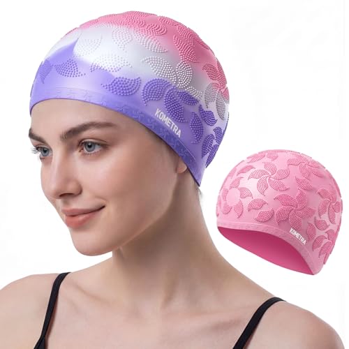 Women Swim Cap 2 Pack for Long Hair, Silicone Flower Adult Swimming Caps Waterproof for Girl Youth No Wet Hair - color: Pink & Purple