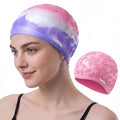 Women Swim Cap 2 Pack for Long Hair, Silicone Flower Adult Swimming Caps Waterproof for Girl Youth No Wet Hair - color: Pink & Purple