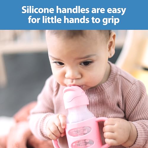 Dr. Brown's Milestones Narrow Sippy Straw Bottle, Spill-Proof with 100% Silicone Handles and Weighted Straw, 8 oz/250 mL, Pink, 6m+ - color: Pink, size: 1 Count (Pack of 1)