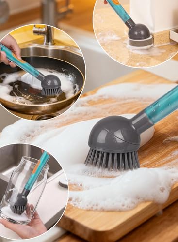 Soap Dispensing Dish Brush with Handle, 360° Rotating Head, 5-Piece Kitchen Cleaning Set (2 Brush Heads & 3 Sponges), Non-Scratch Scrubber for Pot, Pan, Sink, Leak-Proof Dishwand, Grey - color: Gray