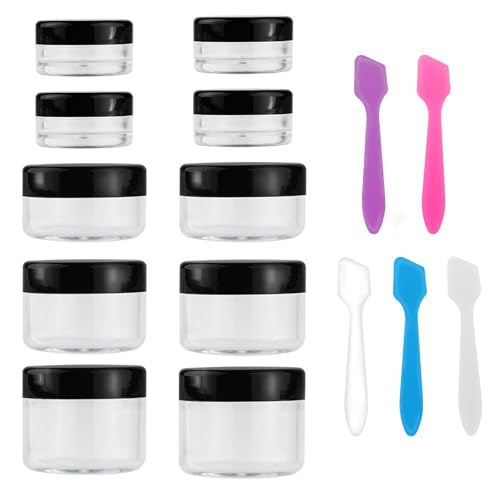 Accmor 10 Pieces Makeup Travel Containers with Lids 0.11/0.18/0.35/0.53/0.7 OZ Size Cosmetic Jars with 5 Pieces Mini Spatulas for Gift, Plastic Container Jars for Travel Storage Makeup (Black Color) - color: Black