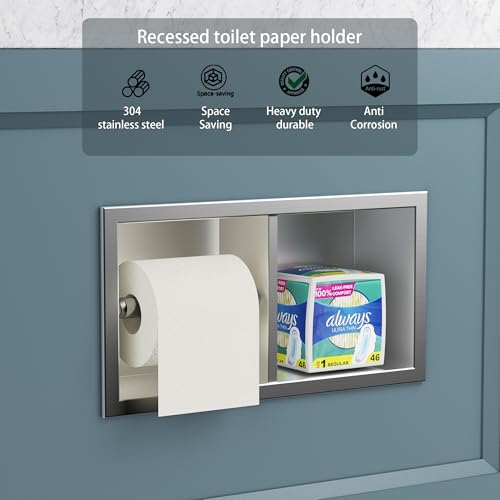 Neodrain Dual Roll Recessed Toilet Paper Holder - Brushed Nickel 304 Stainless Steel, Hidden in-Wall Space-Saving for Modern Bathroom Tissue Holder(Brushed) - color: Brushed