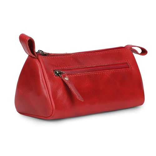 Leather Makeup Bag for Women – Genuine Leather Cosmetic Bag Travel, Handmade Zippered Makeup Pouch, Small Toiletry Bag, Shaving Kit & Stationery Organizer- Red - color: Red