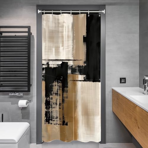Miyotaa Abstract Modern Stall Shower Curtain Set 36Wx71H Inches Black Tan Taupe Contemporary Minimalist Brushstroke Neutral Small Half Waterproof Bathroom Curtain with Hooks - color: Black Tan, size: 36"W x 71"L (Pack of 1)