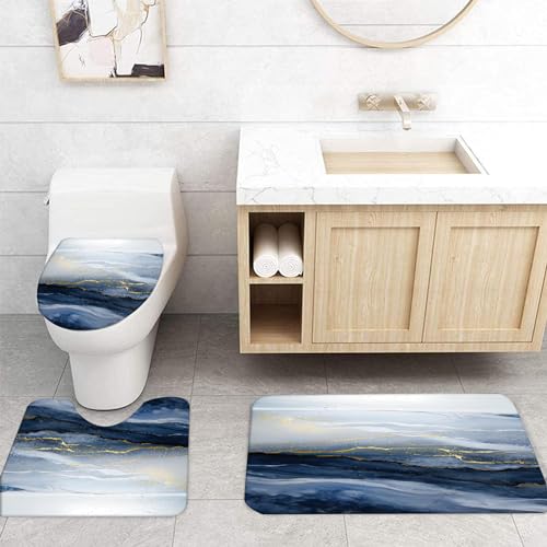 Teal Blue Marble Shower Curtain with Bath Rugs Sets, 4 Pcs Marble Patterns with Gold Lines Bathroom Décor with Toilet Seat Cover, Mats, Absorbent Pedestal Pads and Waterproof Shower Curtains + Hooks - color: Teal