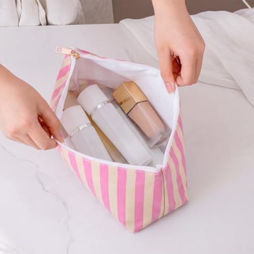 RSRSLEII Large Waterproof Travel Striped Makeup Bag, Aesthetic PVC Toiletry Bag, Coquette Cosmetic Bag, Sunscreen Accessories Storage Organization，Beach Travel Purse(11Pink&Beige) - color: 11Pink&Beige