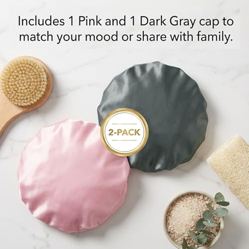2 Pcs Reusable Shower Cap for Women Reusable Waterproof Large Shower Bonnet Washable Elastic Band Bath Hair Hat Double Layer Showers Caps Soft Non-Slip Washable Showers Bonnet for Most Hair Types