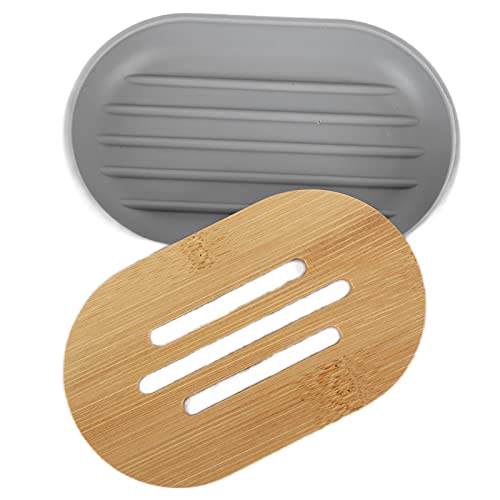 Set of 4 Complete Bathroom Accessories, Bathroom Set with Toothbrush Holder, Dish, Lotion Dispenser and Cup, in Plastic + Bamboo(Grey) - color: Grey