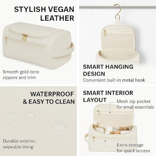 Travel Toiletry Bag – Soft Vegan Leather, Waterproof Hanging Design with Hook, – Cream White with Gold Accents, Full Size