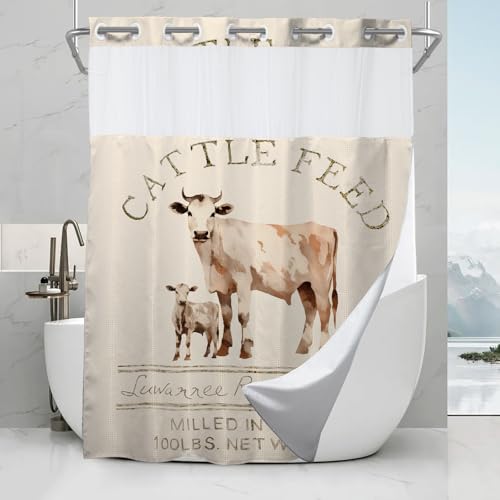 Farmhouse Abstract Animal Cattle Feed Cow Rustic Theme No Hook Waffle Weave Shower Curtain with Snap in Liner Polyester Fabric Bathroom Decor Set 72 W x 74 H Inch Ivory White Teal - size: 72"W x 74"L (Pack of 1)