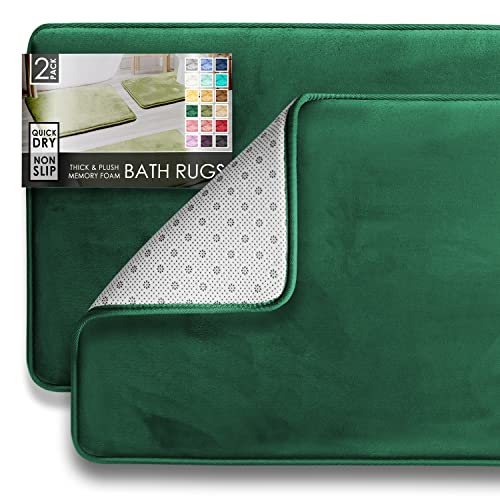 Clara Clark 2 Piece Bathroom Rugs Bath Mat Set, Velvet Memory Foam Bath Mats for Bathroom - Non-Slip, PVC Backing Bath Rugs, Washable - Dries Quickly, Hunter Green - color: Hunter Green, style: 17 x 24 + 20 x 32