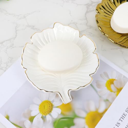 White Leaf Bathroom Soap Dish,Ceramic Soap Dish Holder in Palm Leaf Style,Self Draining Design and Used to Hold Various Small Bathroom and Kitchen Accessories - color: White