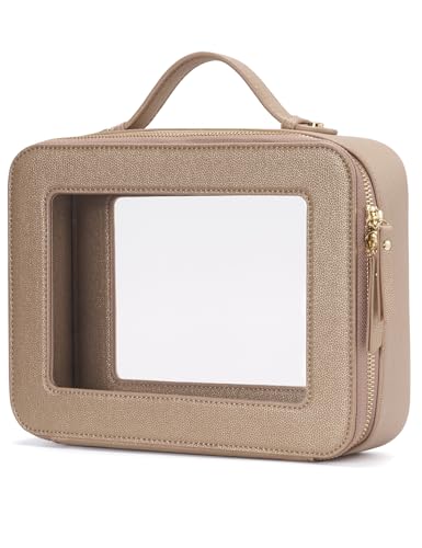 Popvibe Clear Makeup Bag Travel Cosmetic Case Transparent Toiletry Bag with Zipper, Portable Make Up Organizer Traveling Compact Car Bag for Essentials, Gold, Large - color: Gold, style: Large Luxe