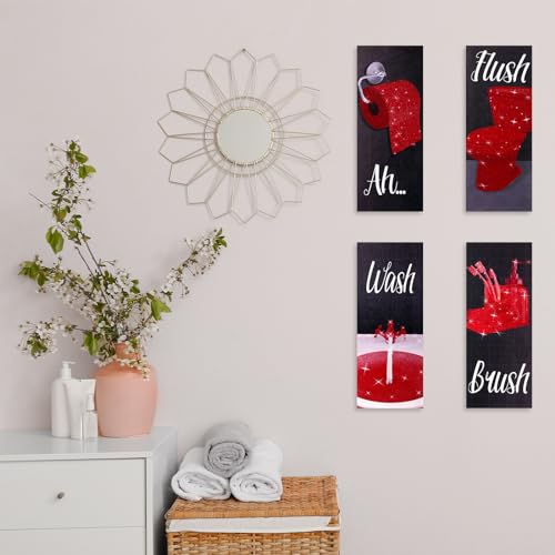 Chinco 4 Pcs Women Funny Wall Art Bathroom Decor 9.84 x 3.94 x 0.2 Inch Glam Bathroom Wall Decor Modern Women Funny Bath Wood Hanging Decoration for Home(Red) - color: Red