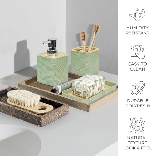 CERBIOR Bathroom Accessories Set 6 Piece Bamboo Bath Ensemble Includes Soap Dispenser, Toothbrush Holder, Toothbrush Cup, Soap Dish for Decorative Countertop and Housewarming Gift (Green) - size: Complete Set, style: Green