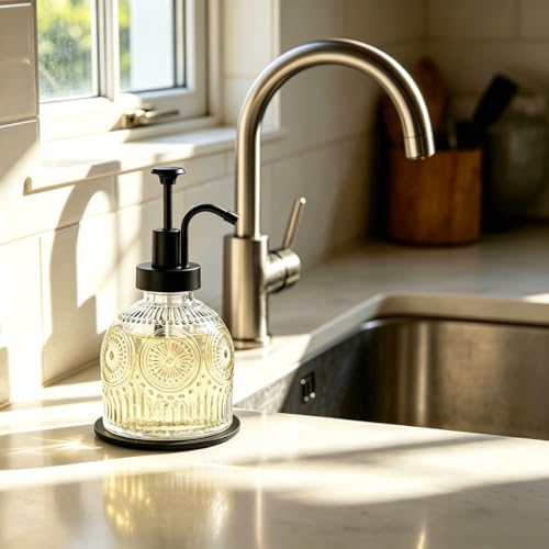 SheeChung Vintage Soap Dispenser, Kitchen Dish Soap Dispensers with Pump Mat, Glass Hand Soap Dispenser for Bathroom, Liquid, Lotion, Refillable, Rustic Farmhouse Decor-Clear (Black Pump, 2 pk) - color: Clear-black Pump-2 Pack
