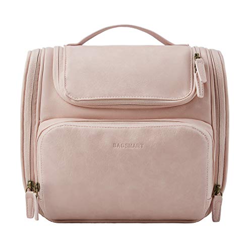 BAGSMART Hanging Toiletry Bag, Water-resistant Leather Dopp Kit, Large Travel Organizer for Full Sized Container, Nude Pink