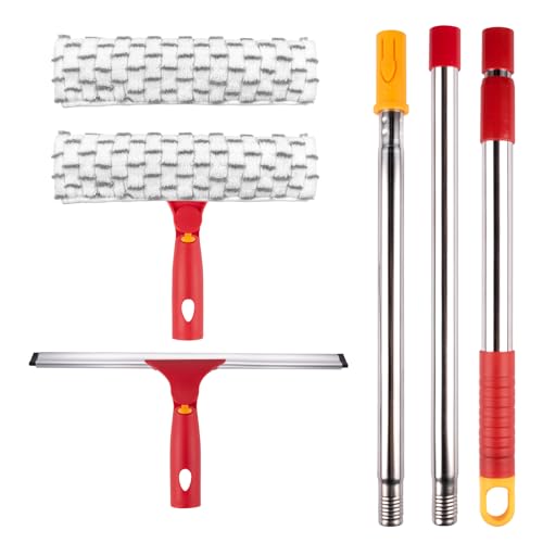 Squeegee for Window Cleaning, 12" Squeegee and 11" Microfiber Scrubber Combi with Stainless Steel Pole, Extendable Window Cleaner for Car, Sliding Door, Shower Glass Door-Swivel Style-2 Pads - color: Red, size: 12" Squeegee