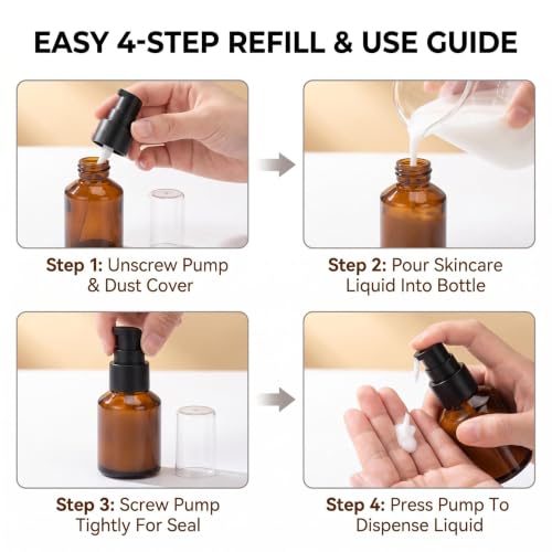 3 Pcs Amber Glass Pump Bottles, Refillable Cosmetic Dispenser Jars, Portable Travel Lotion Bottles, Sample Trial Vials for Foundation Cream Gel Toiletries (30ml/1oz) - color: Amber, size: 30ml/1oz