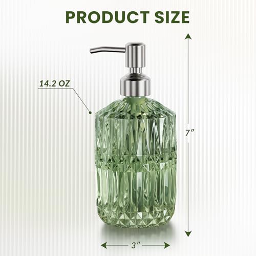 AmazerBath Soap Dispenser, 2 Pack Green Glass Soap Dispenser with Pump Stainless Steel, 14.2OZ Refillable Hand Soap Bottles Bathroom Kitchen - color: Green & Stainless Steel - 2 Pack
