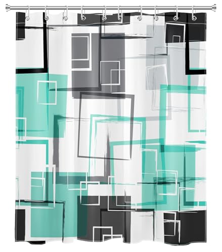 Teal Geometric Shower Curtain with Hooks Mid Century Modern Neutral Geometric Fabric Shower Curtain Modern Design Teal and Grey Pattern Abstract Bathroom Curtains Shower Set, 72Lx60W inches - color: Teal, size: 60"W x 72"L (Pack of 1)
