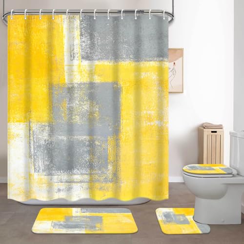 Lnond 4Pcs Bathroom Shower Curtain Sets with Rugs,Yellow and Grey Painting Art Bathroom Sets with Shower Curtain and Rugs and Accessories - color: Yellow Grey Abstract-01
