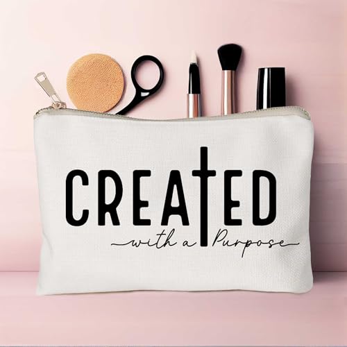 Created With a Purpose Women Makeup Bag Christian Decor Self Love Gift Toiletry Bag Religious Faith Cosmetic Pouch Linen Cotton Inspirational Multi-Purpose Bag Gift - color: Created with a Purpose