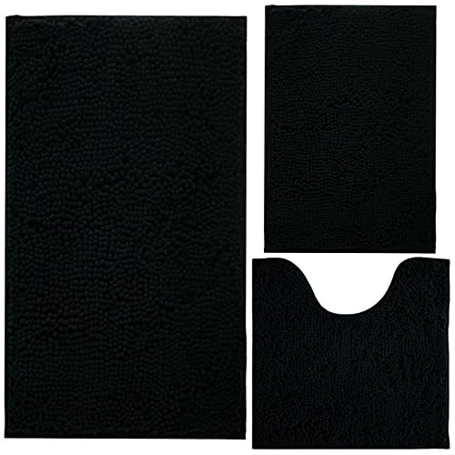 Black Bathroom Rug Chenille 3-Piece Extra Soft and Absorbent Shag Bathroom Rugs, Machine Wash Mat, Strong PVC Non-Slip Underside, Plush Carpet Mats (Black) - color: Black, size: 2'8" x 1'8" (16x24"+20x32"+20x20"U shape）