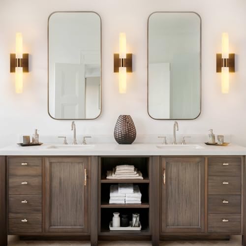 KUZZULL Modern Wall Sconces, Set of 2 Brushed Brass Gold, Frosted Glass Shade, Indoor Wall Mounted Lights, Bathroom Sconces, 36 cm, for Bedroom Wall Lamp - color: brass gold frosted