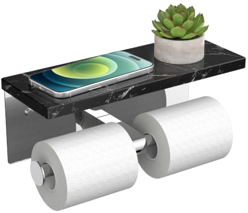 FORIOUS Double Toilet Paper Holder with Shelf, Wall Mount Tissue Roll Holder for Bathroom, 304 Stainless Steel Commercial Toilet Tissue Dispensers with Phone Shelf (1, Chrome-Marble) - color: Chrome-marble