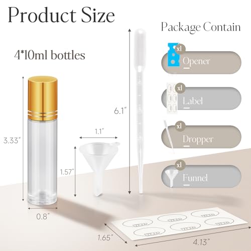 10ml Roller Bottles for Essential Oils, 4 Pack Glass Roll on Bottles, Refillable Perfume Bottle, with Stainless Steel Roller Balls, 2 Droppers, 1 Opener, Labels (Clear) - color: Clear