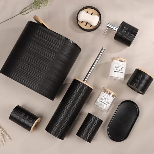 IMAVO Bathroom Accessory Set-11Pcs Black Bathroom Accessories Set with Trash Can,Soap Dispenser,Soap Dish,Toothbrush Holder,Toothbrush Cup,Toilet Brush Holder,Qtip Holder Dispenser with Labels - color: Black, size: 11 PCS Bathroom Set