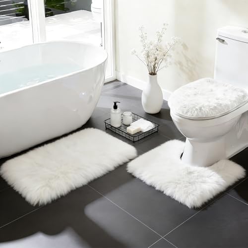 RUN HELIX Shaggy Bathroom Rugs Sets 3Piece Bath Mat for Bathrom Non-Slip Bathrom Mats Water Absorbent Bath Rug Floor Mats Soft Washable Shower Rug with U-Shaped Contour Rug Toilet Lid Cover White - color: White