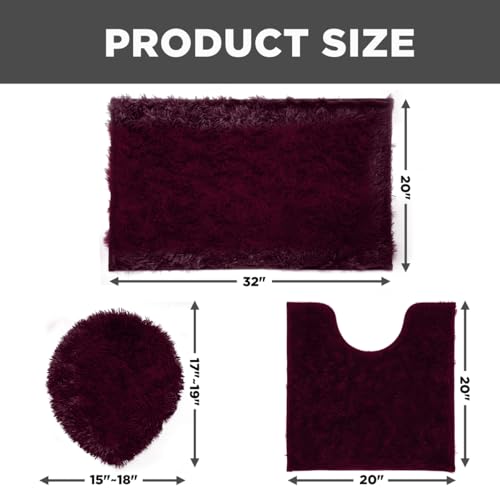 RUN HELIX Shaggy Bathroom Rugs Sets 3Piece Bath Mat for Bathrom Non-Slip Bathrom Mats Water Absorbent Bath Rug Floor Mats Soft Washable Shower Rug with U-Shaped Contour Rug Toilet Lid Cover Burgundy - color: Burgundy
