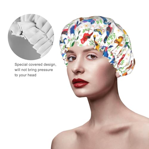 Birds Pattern Shower Cap For Women Reusable Waterproof Double Layers Bath Cap Hair Protection Elastic Ladies Spa Salon Shower Hat - color: Birds Pattern