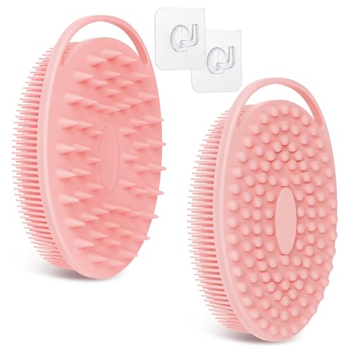 Soft Silicone Body Scrubber Set, 2PCS Dual-Side Silicone Loofah for Gentle Exfoliating and Scalp Massaging, Hygienic Shower Scrubber Shampoo Brush for Kids, Women, Sensitive Skin(Pinkx2) - color: Pink*2
