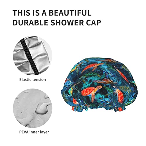 Sea Turtle Shower Cap For Women Adjustable Double Waterproof Layers Bathing Bath Cap Hair Protection Reusable Ladies Spa Salon Shower Hat - color: Sea Turtle