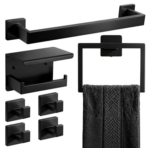 7-Piece Matte Black Bathroom Accessories Hardware Set, Stainless Steel 16" Towel Bar, Towel Ring, Toilet Paper Holder with Shelf, 4 Towel Hooks, Wall Mounted for Bathroom, Kitchen, Hotel - color: Black, size: 7 Pieces