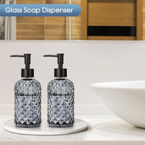 2 Pack Gem Glass Soap Dispenser with Black Plastic Pump, 13oz Liquid Hand Soap Dispenser, Rustproof Pump for Kitchen & Bathroom, Great for Lotions, Essential Oil, Liquid Soaps-Gray - color: Gem-gray, size: Plastic Pump