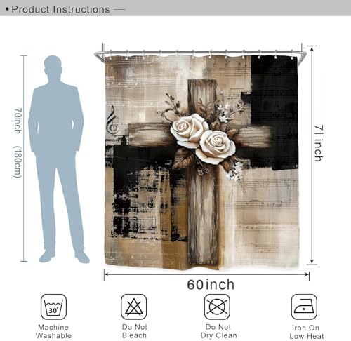 Miyotaa Abstract Minimalist Modern Cross Shower Curtain Set 60Wx71H Inches Religious Black Tan Neutral Contemporary Brushstroke Vintage Art Waterproof Bathroom Curtain with 12 Hooks - color: Black Tan Cross, size: 60"W x 71"L (Pack of 1)