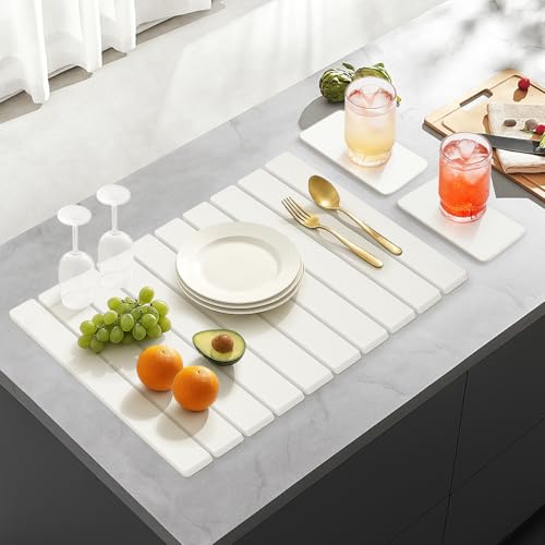 3 Pcs Large Stone Dish Drying Mat for Kitchen Sink Counter Dish Pads Diatomaceous Earth Mats Quick Fast Drying Stone Mat Diatomite Absorbent Tray Dry Matt Kitchen Countertop Dishes Drainer Mat - color: White