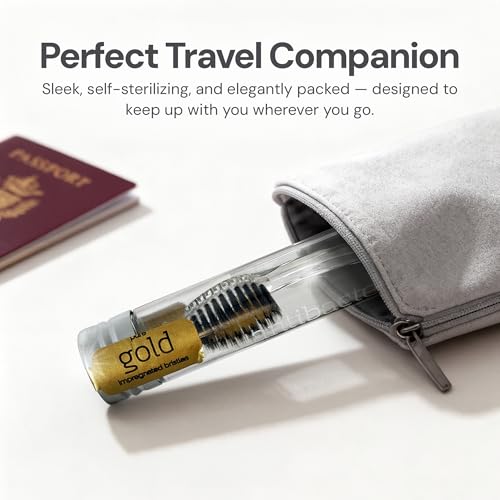 Nano-b Manual Toothbrush for Adults with Sensitive Gums, Gold & Charcoal Soft/Medium Bristles, Travel Case, Blue - color: Blue, style: Gold/Charcoal Bristles