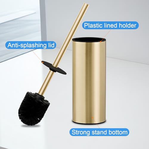 304 Stainless Steel Toilet Bowl Brush and Holder Set, Circular Floor Toilet Brush Holder, Long Handle, Bathroom Heavy-Duty Cleaner, High-End Cylinder Wall,2 Brush Head (Brushed Gold) YIGUANXIN - color: H-brushed Gold