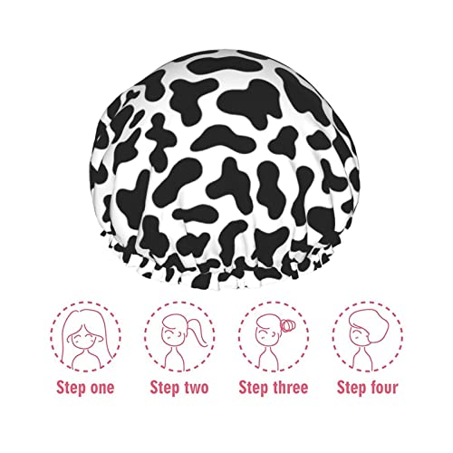 Black And White Cow Skin Abstract Animal Farm Shower Cap For Women Adjustable Double Waterproof Layers Bathing Bath Cap Hair Protection Reusable Ladies Spa Salon Shower Hat - color: Balck And White Cow Skin Abstract Animal Farm