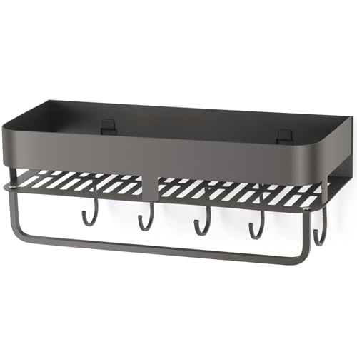 Extended version Adhesive Shower Caddy, 15.7 inch Stainless Steel Shower Shelves for Inside Shower with Hooks & Towel Bar-No Drilling(Gun Gray) - size: 15.7inch-1Pack-Adhesive Gun Gray