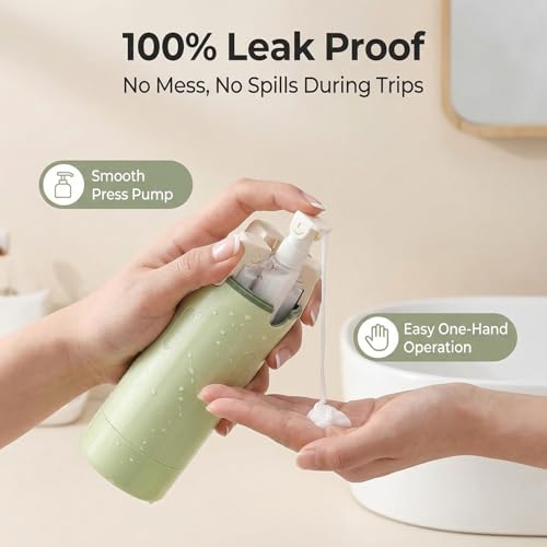 4 in 1 Travel Dispenser Bottle Leak Proof Refillable Travel Bottles Pump Shampoo Conditioner Lotion Cosmetic Containers Portable Set 4 Pack 30ml Air Travel Business Trip Essentials (White+Green)