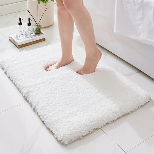 Bathroom Rugs Non Slip Washable, Ultra Thick Soft Microfiber Absorbent Bath Mats, High Density Foam Latex Non Slip Backing Bath Rugs, Fluffy Floor Carpet for Tub&Shower 24x17, White - color: White, size: 24" X 17"(Small Bathroom Rug)