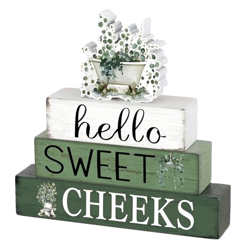 Cinnvoice 4 Pcs Eucalyptus Bathroom Decor Farmhouse Bathroom Decoration Hello Sweet Cheeks Table Centerpiece Gift for Christmas Valentines Back to School - style: Eucalyptus Hello Sweet Cheeks