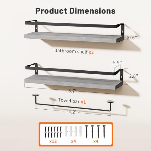 Bathroom Shelves with Towel Bar, Wood &Metal Frame, 2 Pack(White) | Floating Shelves for Bathroom, Kitchen, Living Room, Bedroom - color: White