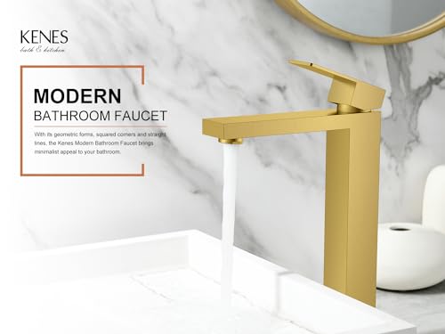 KENES Brushed Gold Tall Bathroom Faucet, Single Handle Vessel Sink Faucet Gold Vanity Bathroom Faucet with Supply Lines and Pop Up Sink Drain, LJ-9031A-4 - color: Gold, size: Tall